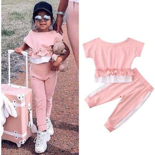 Citgeett Summer 2PCS Kid Baby Girl Clothes Short Sleeve Ruffle Striped Tops+Pants Leggings Outfit Sports Set