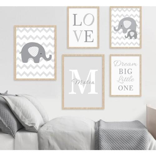 Custom Name Initial Letter Elephant Animals Baby Nursery Canvas Painting Poster Print Wall Art Pictures Boys Bedroom Home Decor