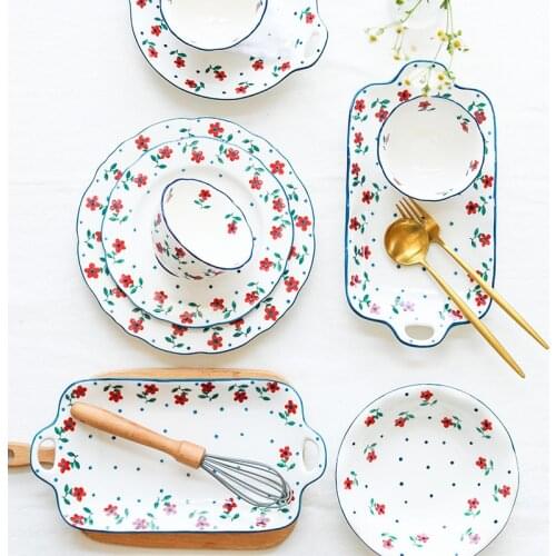Ceramic Floral Pattern Plate Set Tableware Set Household Plate Rural Style Dish Plate Rice Bowl Soup Bowl Noodle Bowl Mug