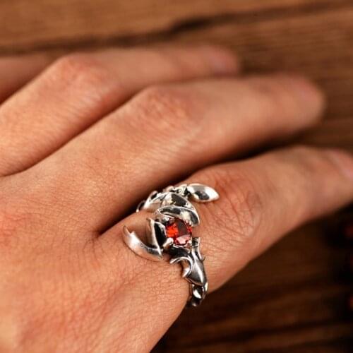 Genuine 925 Sterling Silver color Mens Ring With Garnet Natural Stone Scorpion Male Thai Silver Openning Ring Fine Jewelry Gifts