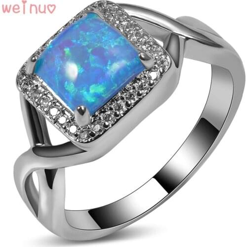 Weinuo Square Blue Opal White Crystal Ring 925 Sterling Silver Top Quality Jewelry Wedding Ring Size 5 6 7 8 9 10 11 A270
