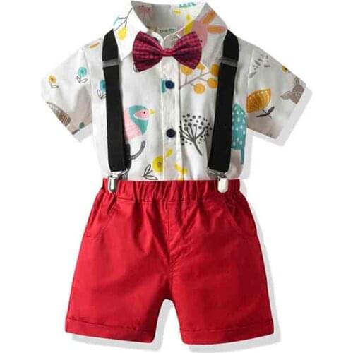 Baby Boy Clothes Set Summer Gentleman Suit Toddler Bow Tie Print Shirt+Suspenders Shorts Formal Toddler Boys Children Clothing