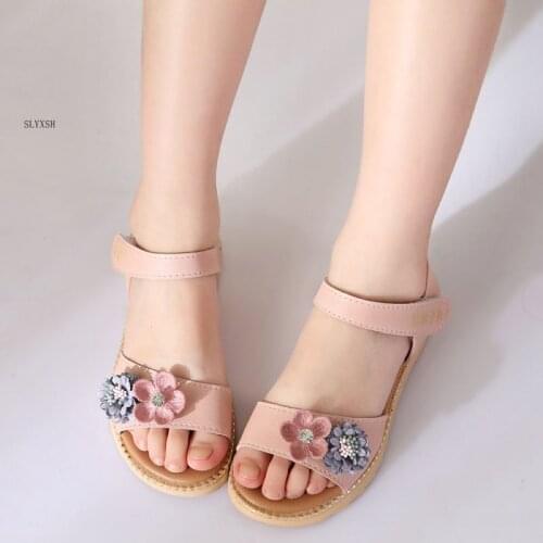2019 new genuine leather girls sandals in summer walker shoes with flowers antislip sole kids toddler magazine sandal size 25-36