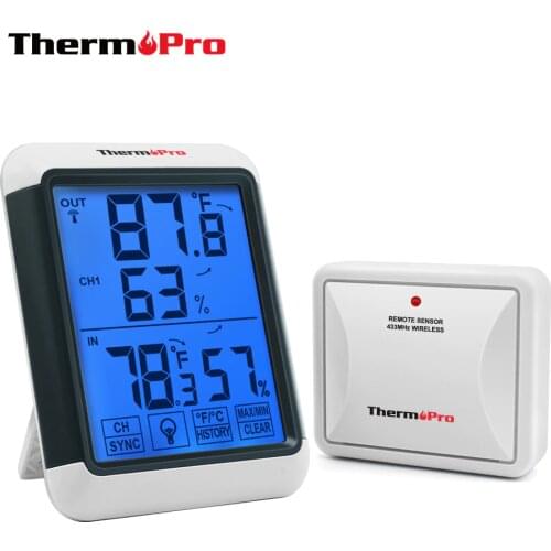 ThermoPro TP65A 100M Wireless Weather Station Hygrometer Indoor Outdoor Temperature and Humidity Monitor with Touch Screen