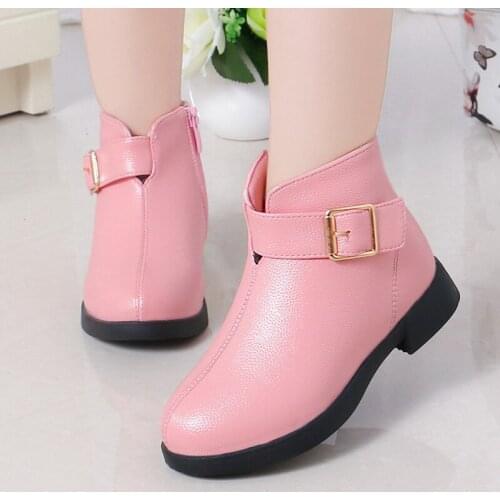 Autumn Winter Girls Ankle Boots Fashion Buckle Kids Booties Non-slip Soft Bottom Children PU Leather Waterproof Plush Warm Boots