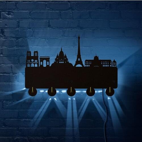 Paris Skyline Hanging Key Rack with Hooks Paris Famous Landmark Rustic Western Key Hanger With LED Light Home Decor for Entryway