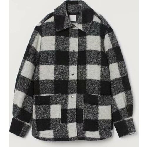 HM womens new fall 2020 polo long sleeve black and white plaid blended soft tweed Pocket Shirt coat 0787160