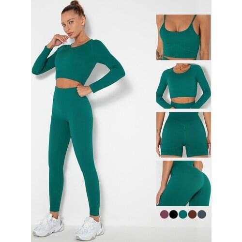 Sportswear Women Yoga Wear Outfit Set Long Sleeve Crop Top Sports Bra Seamless Ribbed Leggings 2 Pieces Fitness Workout Clothes