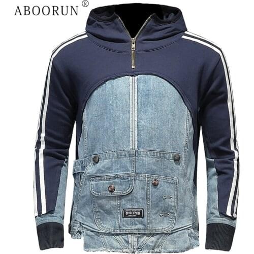 ABOORUN 2021 Mens Harajuku Sweatshirts Multi Pockets Denim Patchwork Hoodies Autumn Cotton Pullover for Couples