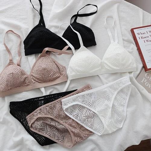 Thin No Steel Ring Bra Set Textured Lace Triangle Gathered Belt Insert Womens Underwear Cotton Inner Soft Bralette with Panty
