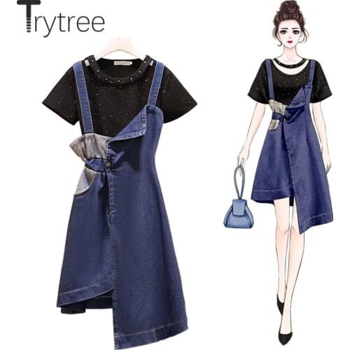 Trytree Summer Women Two Piece Set Casual Hollow Out Dot T-shirt + Suspender Skirt A-line Asymmetrical Hem Fashion 2 Piece Set