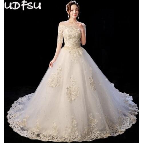 UDFSU Women Boat Neck Half Sleeve Wedding Dress Appliques Vintage Tulle Ball Gowns Lace Backless Elegant Wedding Gown