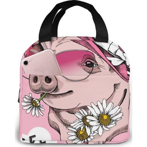 Funny Pink Pig With Hat Lunch Bag Portable Insulated Thermal Cooler Bento Lunch Box Tote Picnic Storage Bag Pouch