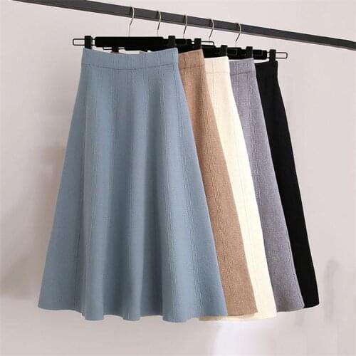 Women 2020 Autumn Winter Knitted Midi Skirts Female Soft Warm Pleated A-Line Skirt Ladies High Waist Solid Color Wild Skirts Y50
