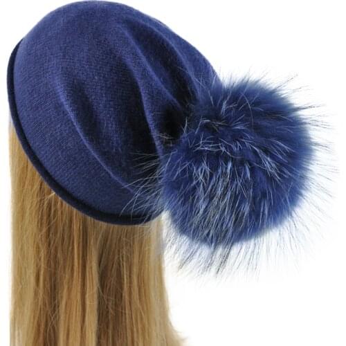 Female Wool Knitted Hat High Quality Vogue Warm Casual Skullies Beanies Real Large Raccoon Dog Fur Pom Pom Spring Autumn Hats