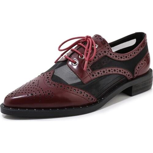 Pointed Toe Brogue Shoes Women Flat Lace Up Air Mesh Oxford Shoes For Women Casual Genuine Leather Shoes High Quality