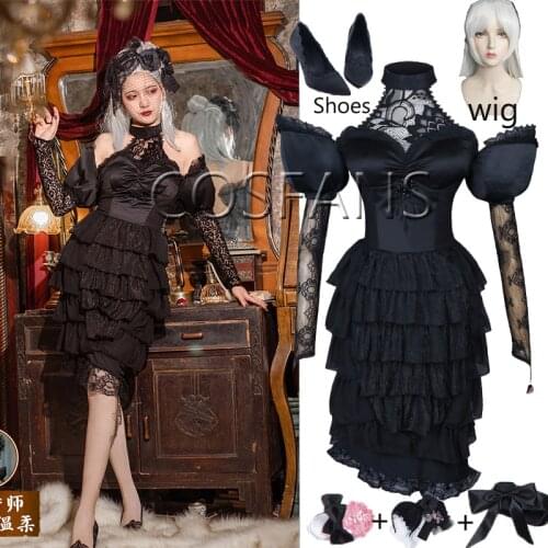 Game Identity V Perfumer Vera Nair Cosplay Costume Women Elegant Black Dress Medieval Lady Clothing Halloween Carnival wig Shoes