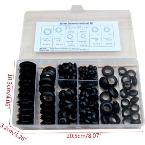200Pcs/box Rubber Grommet Gasket Kits for Wire Cable Black Assortment Set Electrical Wire Gasket Tools