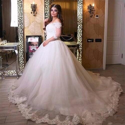 2020 Half Sleeves Lace Appliques Bridal Gowns Vestido de Noiva Ball Gown Wedding Dress Chapel Train Robe de Mariage