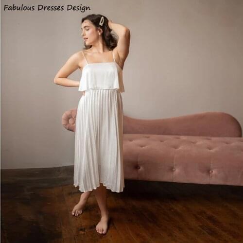 2021 White Tea Length Prom Dresses Boat Neck Spaghetti Strap Chiffon A Line Evening Dress Party Gown Robe De Soirée De Mariage