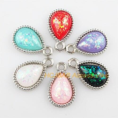 24 New AB Shivering Resin Teardrop Mixed Charms Dull Silver Plated 13x21.5mm