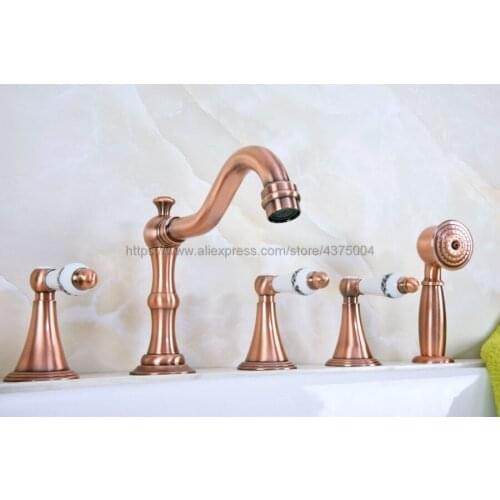 Antique Red Copper 5pcs Bathroom Tub Sink Faucet with Hand Shower Deck Mounted 5 Holes Three Ceramic Handles Bathtub Taps Ntf213