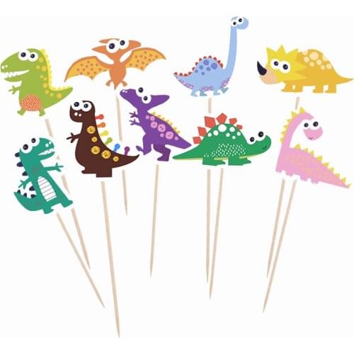 9pcs Cartoon Dinosaur Paperboard Cupcake Toppers Dinosaur Theme Birthday Party Cake Topper With Stick Baby Shower Party Supplies