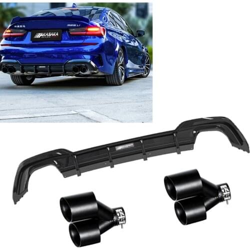 AKASAKA Glossy Black Car Rear Bumper Diffuser Lip+Muffler Exhaust Tips For 2020 BMW 325i 325LI M Sport Vehicle Vent Tail Pipes