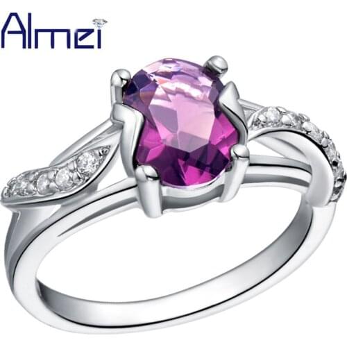 Almei 5%Off Luxury Crystal Wedding Blue Red Ring Womens Ladies Rings Purple Stone Zircon Jewelry Anillos Alibaba-Express J288