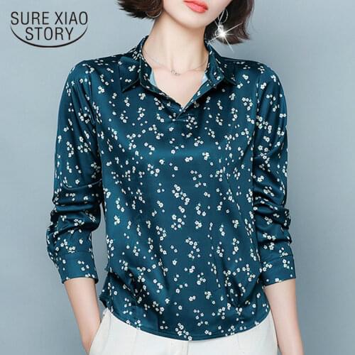 2021 New Fashion Women Long Sleeve Print Blouse Elegant Turn Down Collar Silk Loose Shirts Office Ladies Plus Size 8333 50