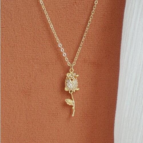 Plated 3 layers 14k Real Gold CZ Rose Necklace for Women Romantic Clavicle Chain Stylish Delicate Bijoux Feminia Colar Present