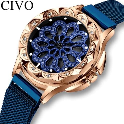 CIVO 2021 Fashion Women Rhinestone Watches Ladies Rotation Dress Watch Waterproof Mesh Strap Analogue Quartz Clock Montre Femme