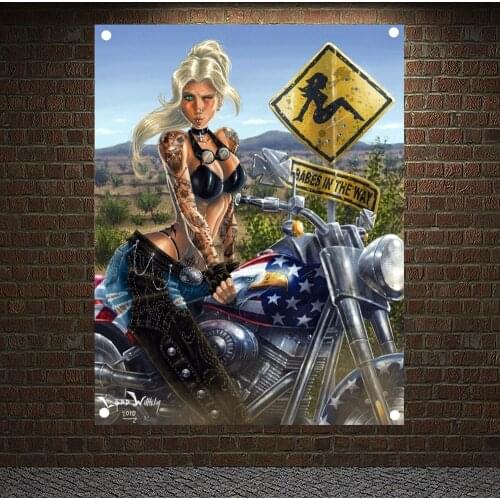 Skull Motorcycle Riders Canvas Painting Motors Cloth Poster Wall Sticker Pub Bar Garage Decor Vintage Banners Flags Wall Hanging