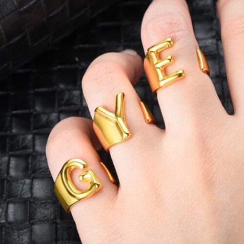 Hollow A-Z Letter Gold Color Metal Adjustable Opening Ring Initials Name Alphabet Female Party Chunky Wide Trendy Jewelry