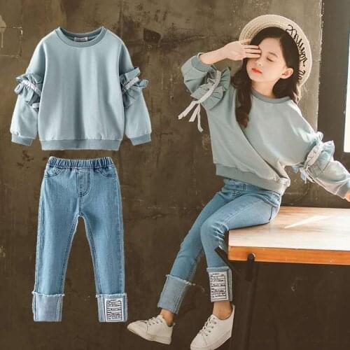 Girls' Spring And Autumn Two Piece Set Of Childrens Clothing Fashion Casual Lace Sleeve Top T-Shirt + Jeans Set Kids Clothing