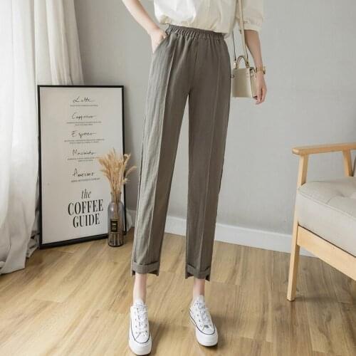 FashionThe New Women Cotton Pants Summer Elastic Waist Loose Casual Harem Pants Womens Pocket Cotton Linen Trousers Solid color