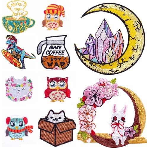 Cartoon Dinosaur Patches For Clothing Moon Patches Owl Animal Patch Iron on Embroidery Patches on Clothes Applique Accessories