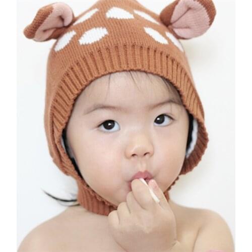 2016 New Autumn Winter Cotton Baby Knitted Crochet Boys Girls Lovely Cartoon Deer Hats Headgear Warm Cap 0-4Y Kids