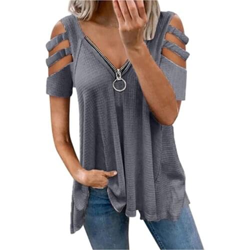 New 2021 Fashion Women V-Neck Zipper Blouses Shirts Summer Solid Hollow Out Pullover Tops Plus Size Ladies Casual Loose Blusa