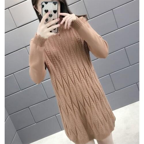 New Casual Middle Length Tatt Half High Collar Knitted Sweater Dress Pure Color Twist Hedging Long Sleeve Ladys Sweaters Tops