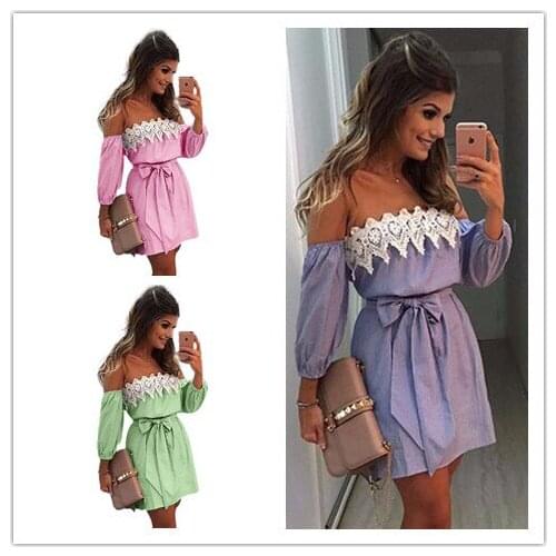 New One-piece Lace Stitching Dress Temperament Lace Slash Neck Stitching Striped Dress Womens Dress Female Casual Elegant Dress