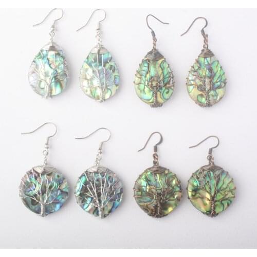 Charming Abalone Shell Handmade Wire Winding Life Chakra Tree Teardrop Coin Oval Dangle Earring 1 Pair