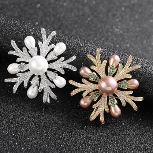 OKILY Luxury Plant Brooch for Womens Xmas Jewelry Corsage Shiny Zircon Snowflower Brooches Pin Pearl Winter Christmas Gift
