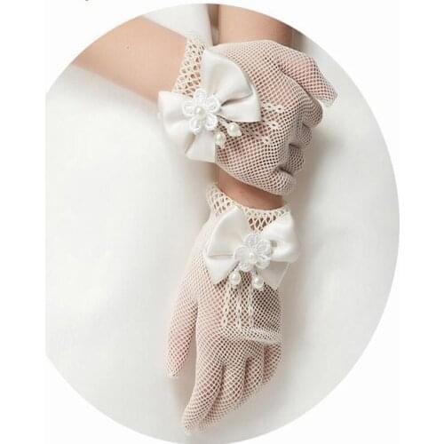 Exquisite White Lace Faux Pearl Fishnet Gloves Communion Flower For 4-15 Years Girls Kids Bride Party Ceremony Accessories