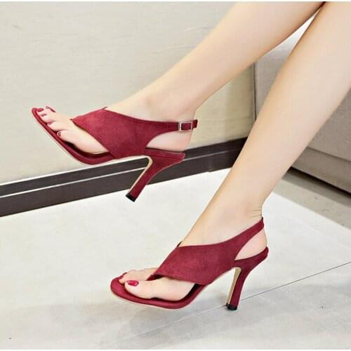 2021 New Summer Sandals Slippers Thin High Heels Sandals Flip Flop Sexy Women Shoes Pumps Wine Red Casual Medium Shoes