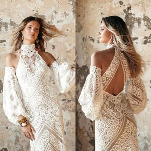 New Mermaid Wedding Dresses High Collar Long Sleeve Appliques Lace Bridal Gowns Custom Made Backless Sweep Train Wedding Dress