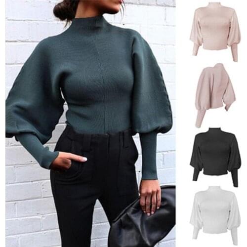 Turtleneck Sweaters Lantern Sleeve Knitted Sweaters for Women Winter Crop Top Femme Jumper Cropped Sweater