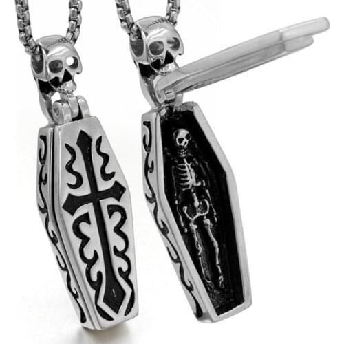 Vintage Mens Stainless Steel Steampunk Coffin Vampire Skull Skeleton Pendant Necklace Gothic Punk Rock Biker Jewelry Gift