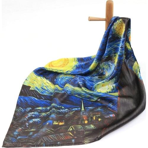 High Quality Artistic Oil Painting Silk Handkerchief Pure Silk Scarf Women Scarf Silk Hair Scarf Starry Night Square Head Scarf