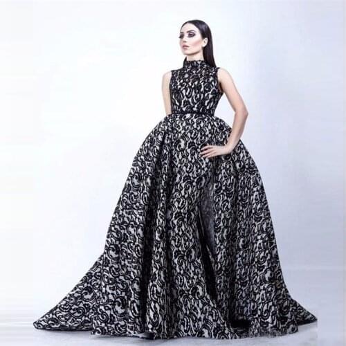 Fashion Vestidos De Formature Black and White Ball Gown Prom Dresses with Overskirt High Collar Sleeveless Evening Gown